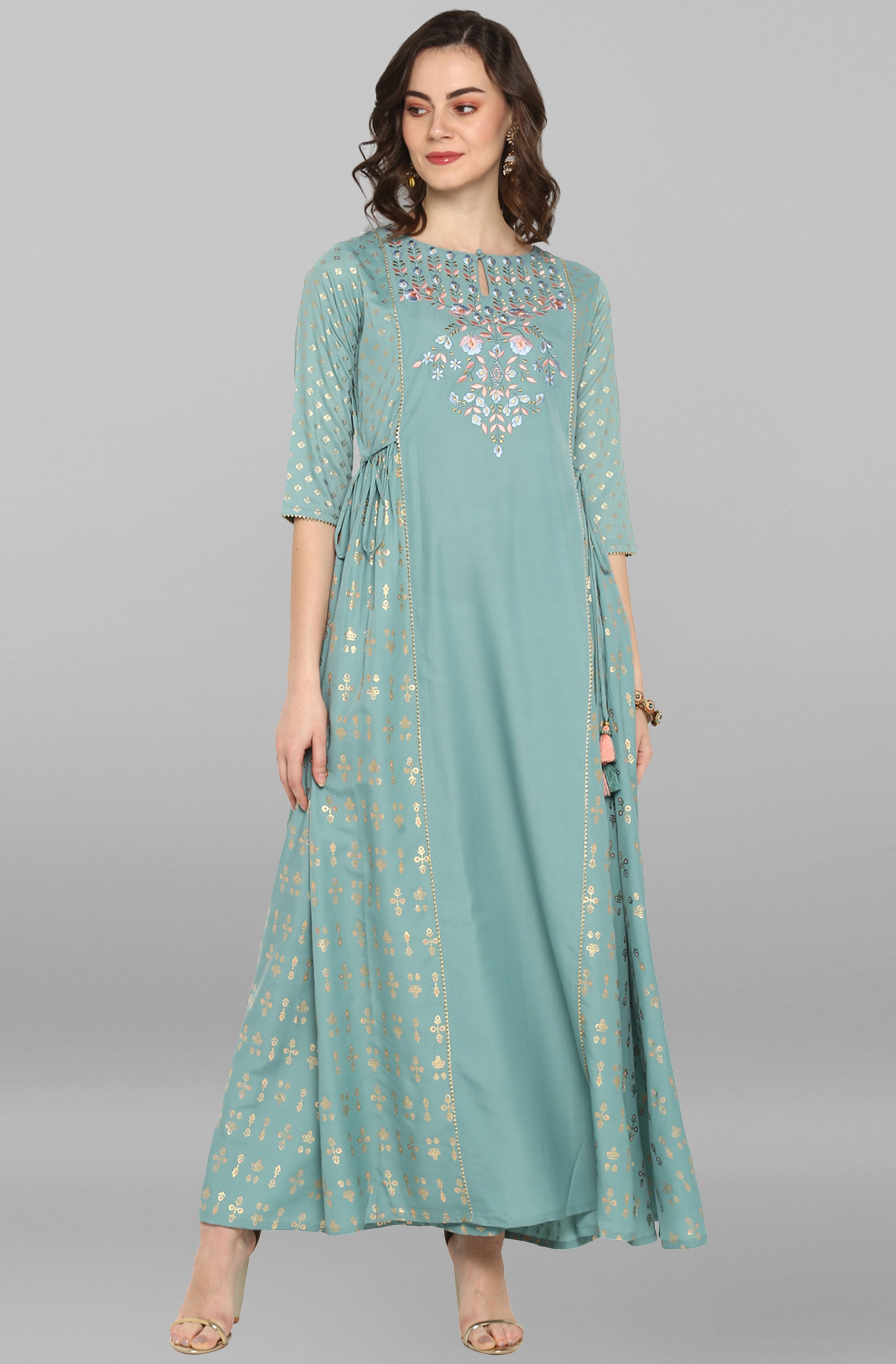 Janasya Women's Green Rayon Embroidered Flared Ethnic Dress - Distacart