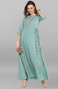 Thumbnail for Janasya Women's Green Rayon Embroidered Flared Ethnic Dress - Distacart