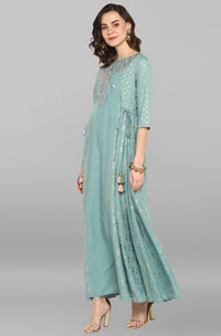 Thumbnail for Janasya Women's Green Rayon Embroidered Flared Ethnic Dress - Distacart