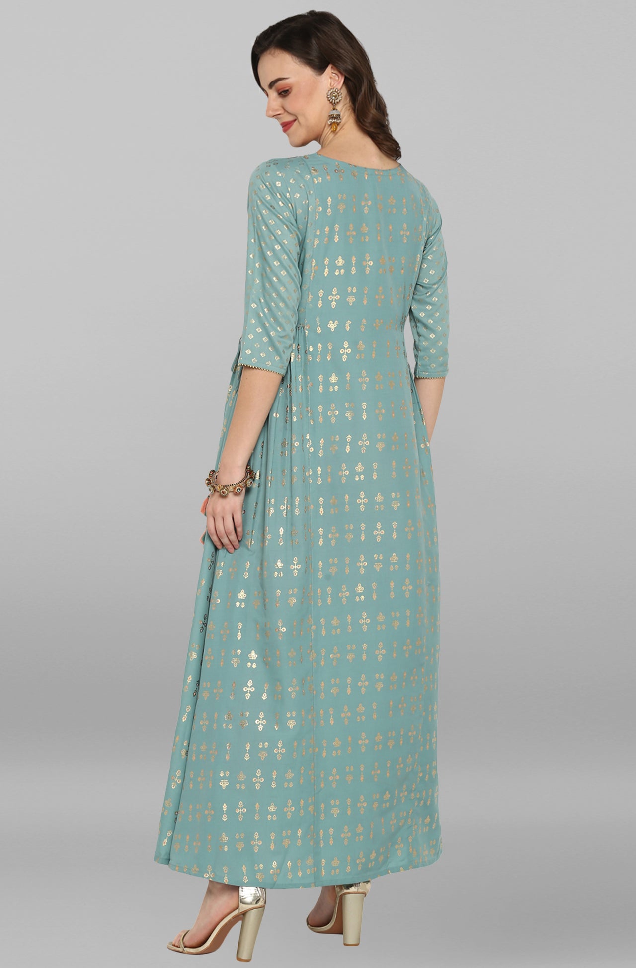Janasya Women's Green Rayon Embroidered Flared Ethnic Dress - Distacart