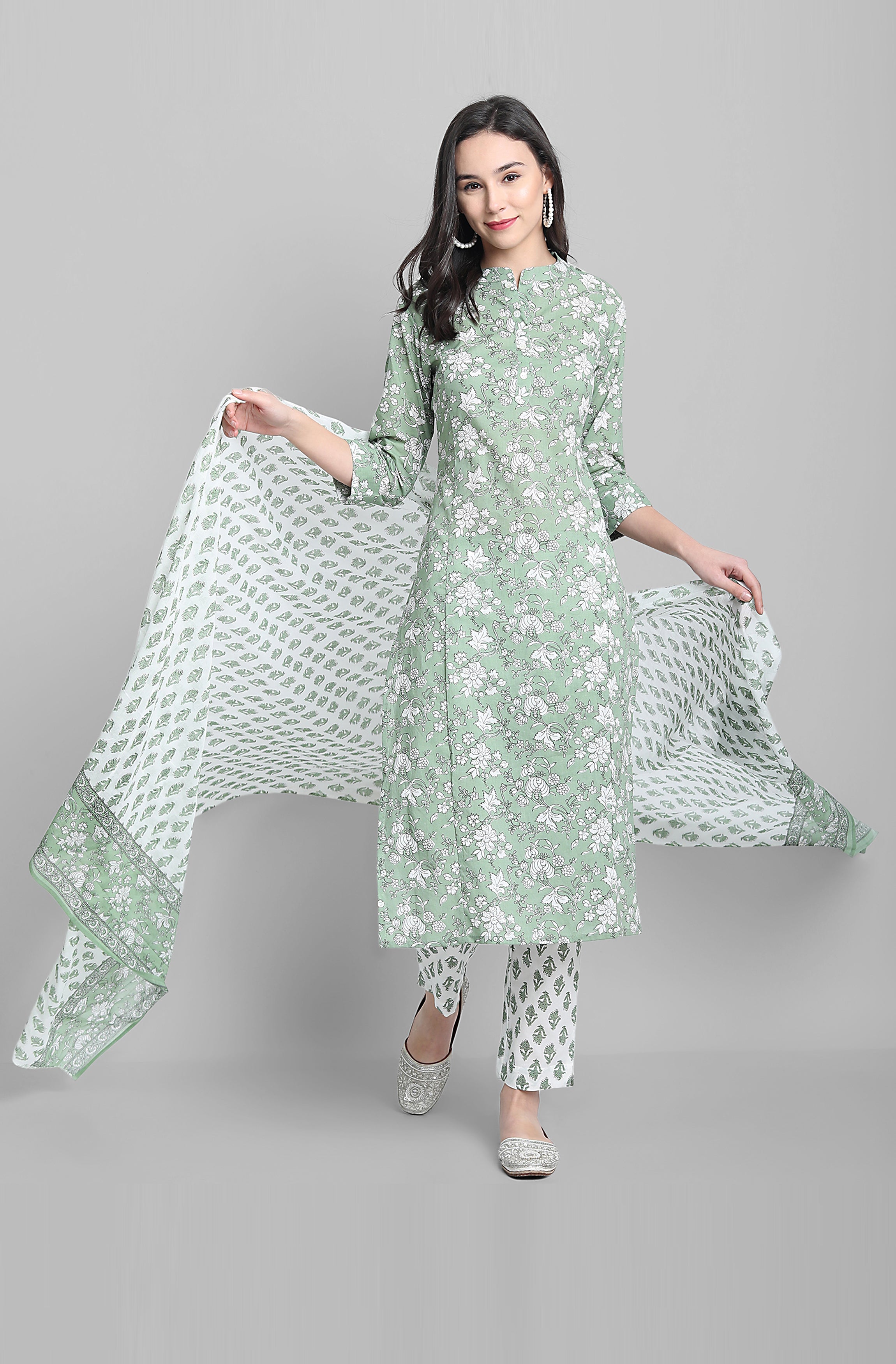Janasya Women's Light Green Cotton Floral Print Kurta With Pant And Dupatta - Distacart
