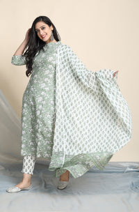 Thumbnail for Janasya Women's Light Green Cotton Floral Print Kurta With Pant And Dupatta - Distacart