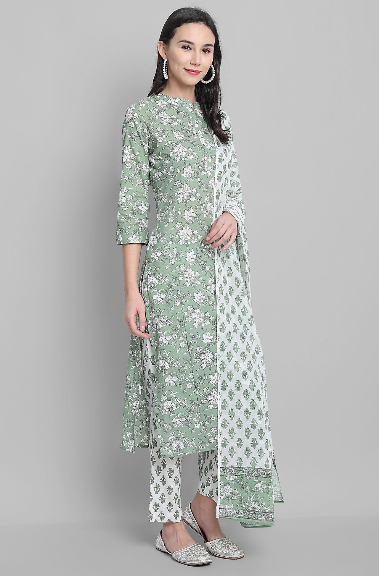 Janasya Women's Light Green Cotton Floral Print Kurta With Pant And Dupatta - Distacart