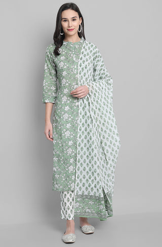 Janasya Women's Light Green Cotton Floral Print Kurta With Pant And Dupatta - Distacart