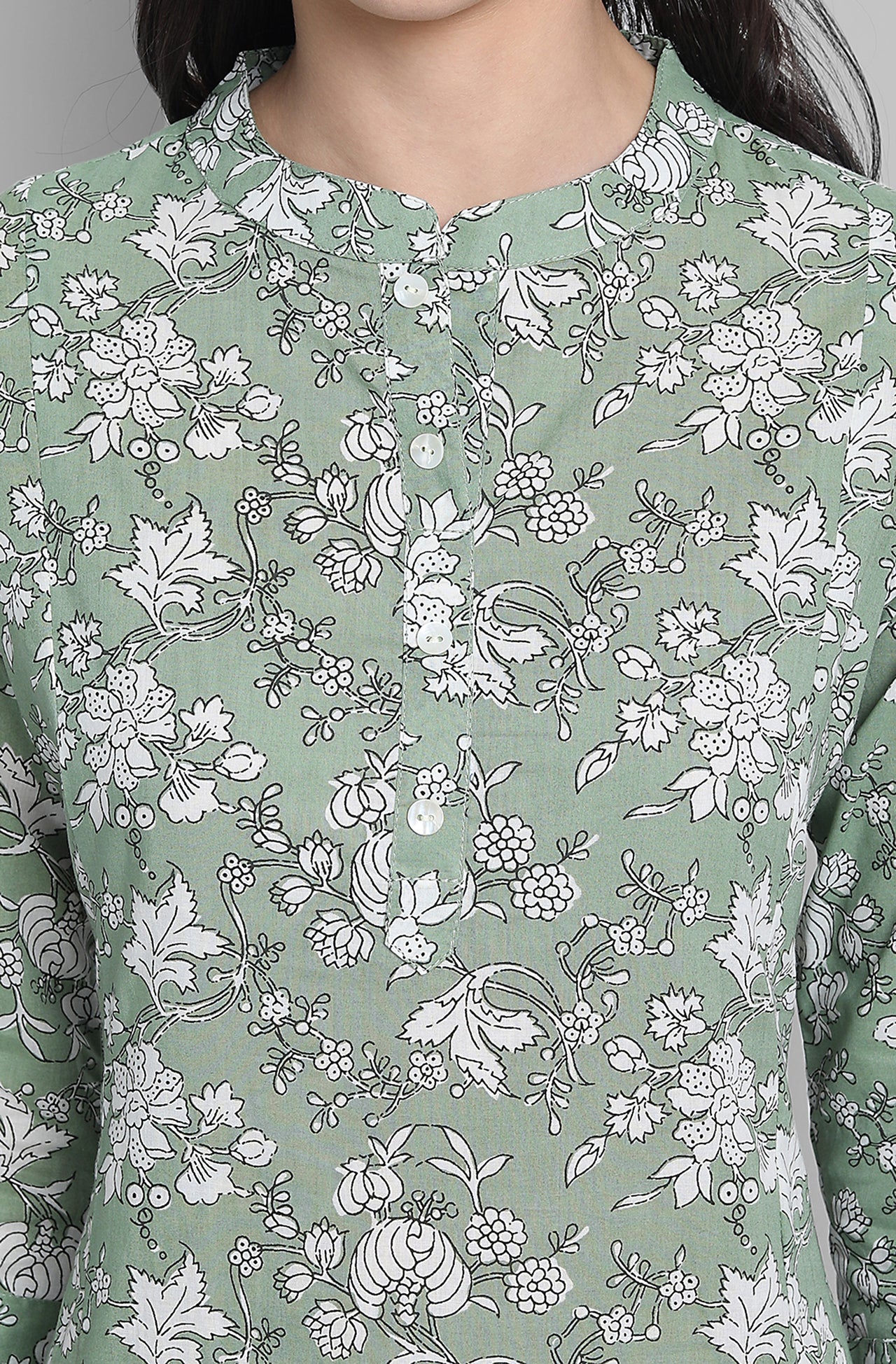 Janasya Women's Light Green Cotton Floral Print Kurta With Pant And Dupatta - Distacart