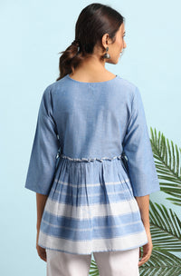 Thumbnail for Janasya Women's Blue Cotton Striped Empire Top - Distacart