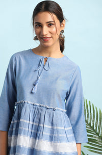 Thumbnail for Janasya Women's Blue Cotton Striped Empire Top - Distacart