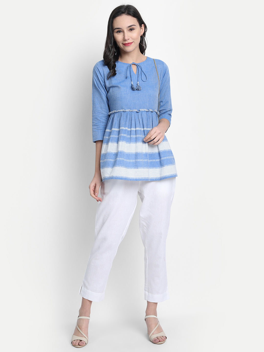 Janasya Women's Blue Cotton Striped Empire Top - Distacart