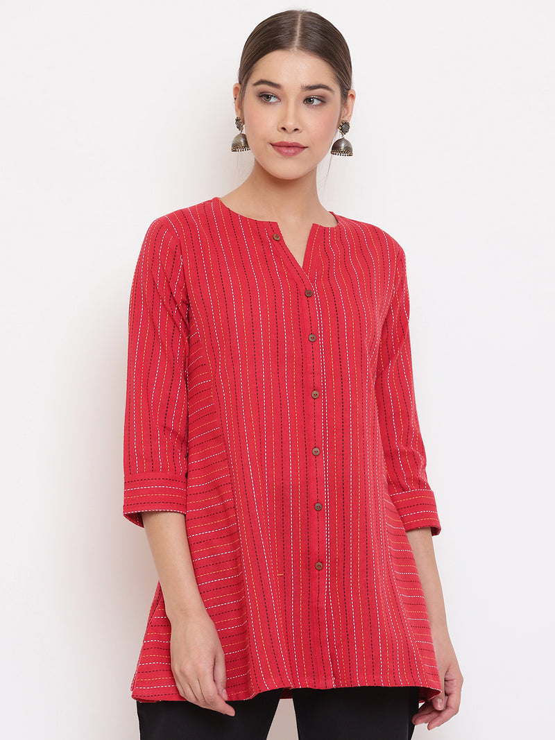 Janasya Women&#39;s Red Cotton Woven Design A-Line Top - Distacart