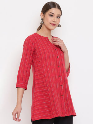 Janasya Women's Red Cotton Woven Design A-Line Top - Distacart