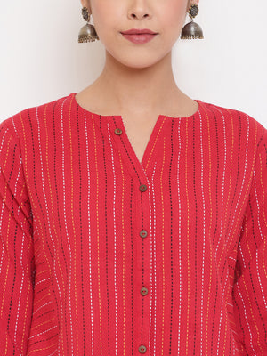 Janasya Women's Red Cotton Woven Design A-Line Top - Distacart