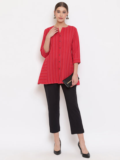 Janasya Women's Red Cotton Woven Design A-Line Top - Distacart