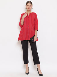 Thumbnail for Janasya Women's Red Cotton Woven Design A-Line Top - Distacart