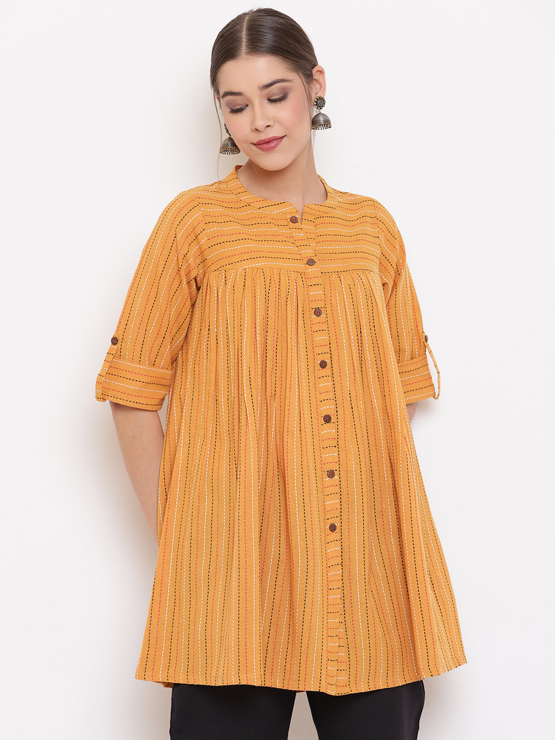 Janasya Women's Mustard Cotton Woven Design Gathered Tunic - Distacart