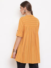 Thumbnail for Janasya Women's Mustard Cotton Woven Design Gathered Tunic - Distacart