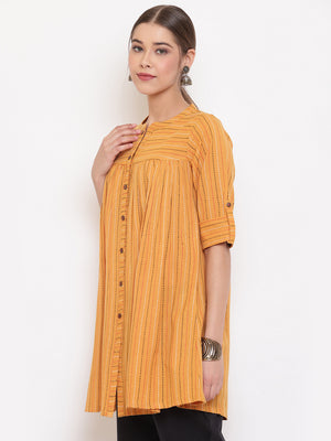 Janasya Women's Mustard Cotton Woven Design Gathered Tunic - Distacart