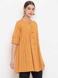 Thumbnail for Janasya Women's Mustard Cotton Woven Design Gathered Tunic - Distacart