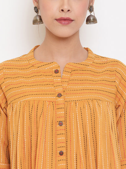 Janasya Women's Mustard Cotton Woven Design Gathered Tunic - Distacart