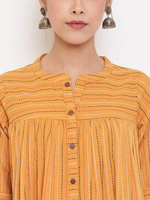 Janasya Women's Mustard Cotton Woven Design Gathered Tunic - Distacart