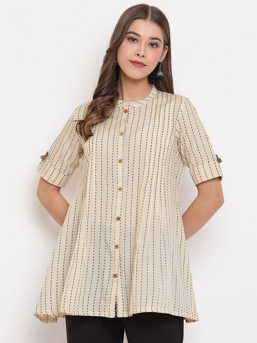 Janasya Women's Cream Cotton Striped Pleated Top - Distacart