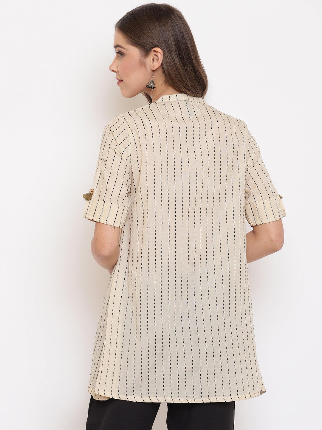 Janasya Women's Cream Cotton Striped Pleated Top - Distacart