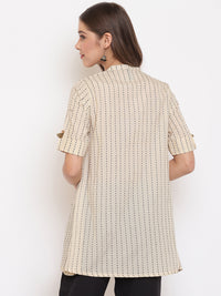 Thumbnail for Janasya Women's Cream Cotton Striped Pleated Top - Distacart