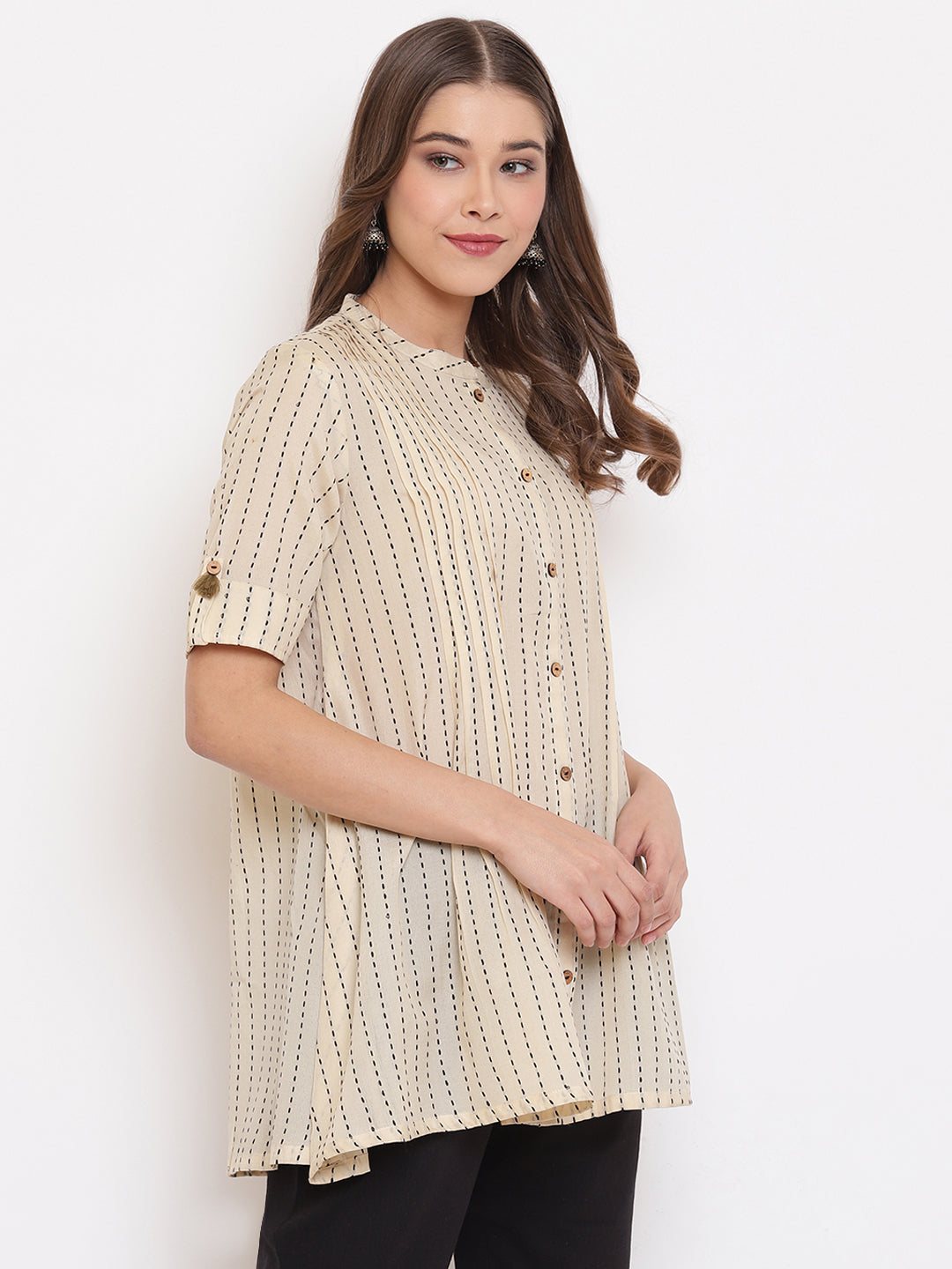 Janasya Women's Cream Cotton Striped Pleated Top - Distacart