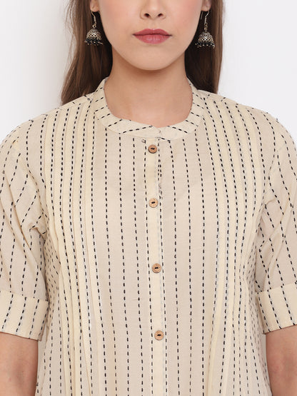 Janasya Women's Cream Cotton Striped Pleated Top - Distacart