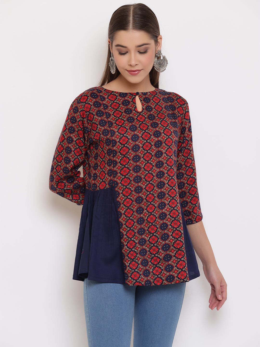 Janasya Women's Blue Rayon Ajrakh Gathered Top - Distacart