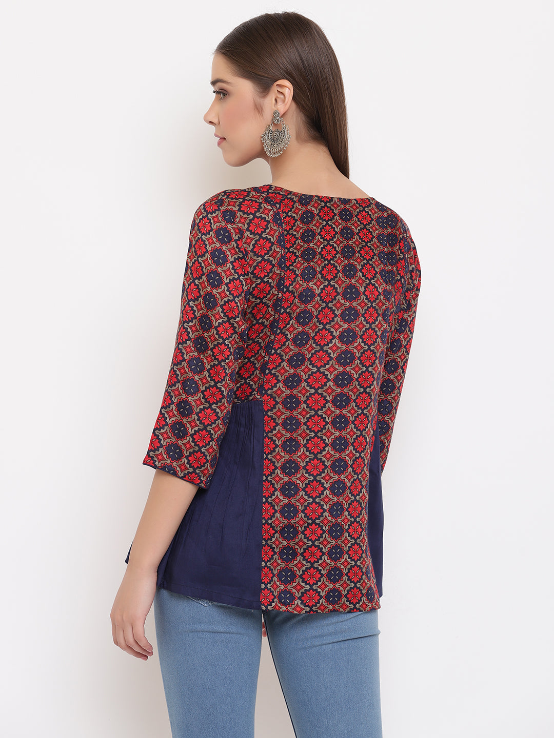 Janasya Women's Blue Rayon Ajrakh Gathered Top - Distacart