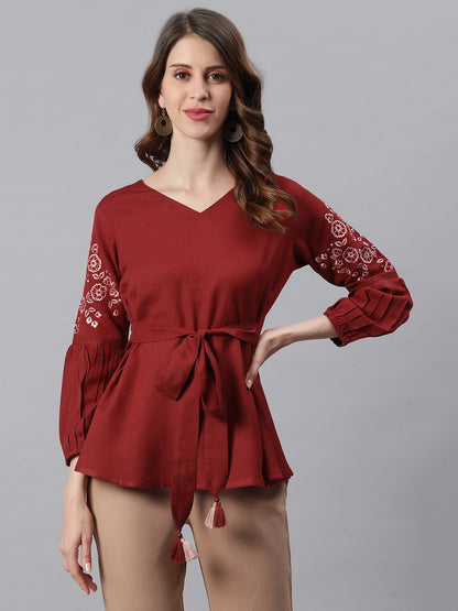 Janasya Women's Maroon Cotton Flex Embroidered A-Line Top - Distacart