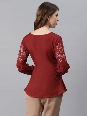 Janasya Women's Maroon Cotton Flex Embroidered A-Line Top - Distacart