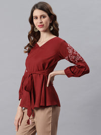 Thumbnail for Janasya Women's Maroon Cotton Flex Embroidered A-Line Top - Distacart