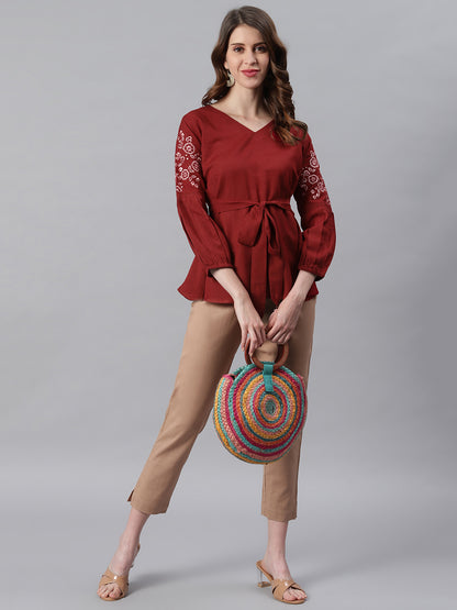 Janasya Women's Maroon Cotton Flex Embroidered A-Line Top - Distacart