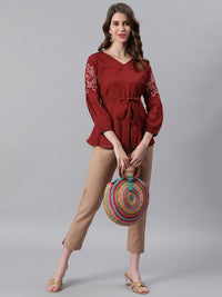 Thumbnail for Janasya Women's Maroon Cotton Flex Embroidered A-Line Top - Distacart