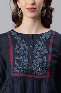 Thumbnail for Janasya Women's Navy Blue Cotton Flex Embroidered Gathered Top - Distacart