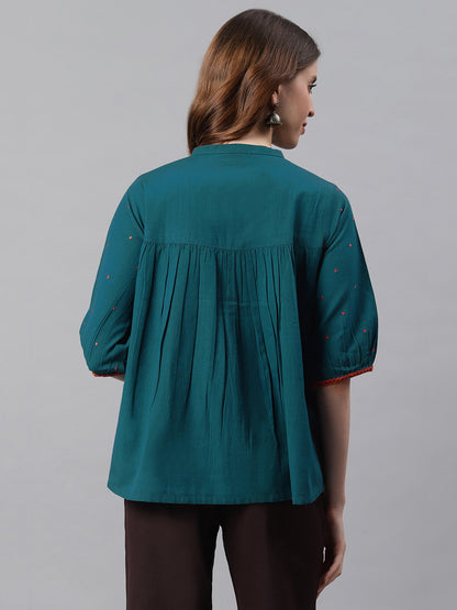 Janasya Women's Teal Cotton Flex Embroidered Regular Top - Distacart