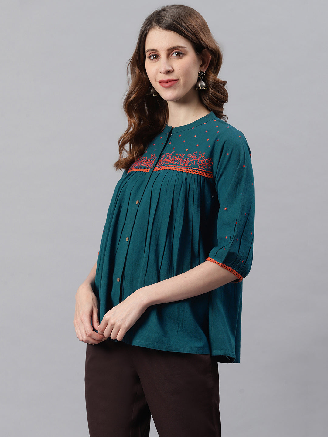 Janasya Women's Teal Cotton Flex Embroidered Regular Top - Distacart