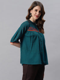 Thumbnail for Janasya Women's Teal Cotton Flex Embroidered Regular Top - Distacart