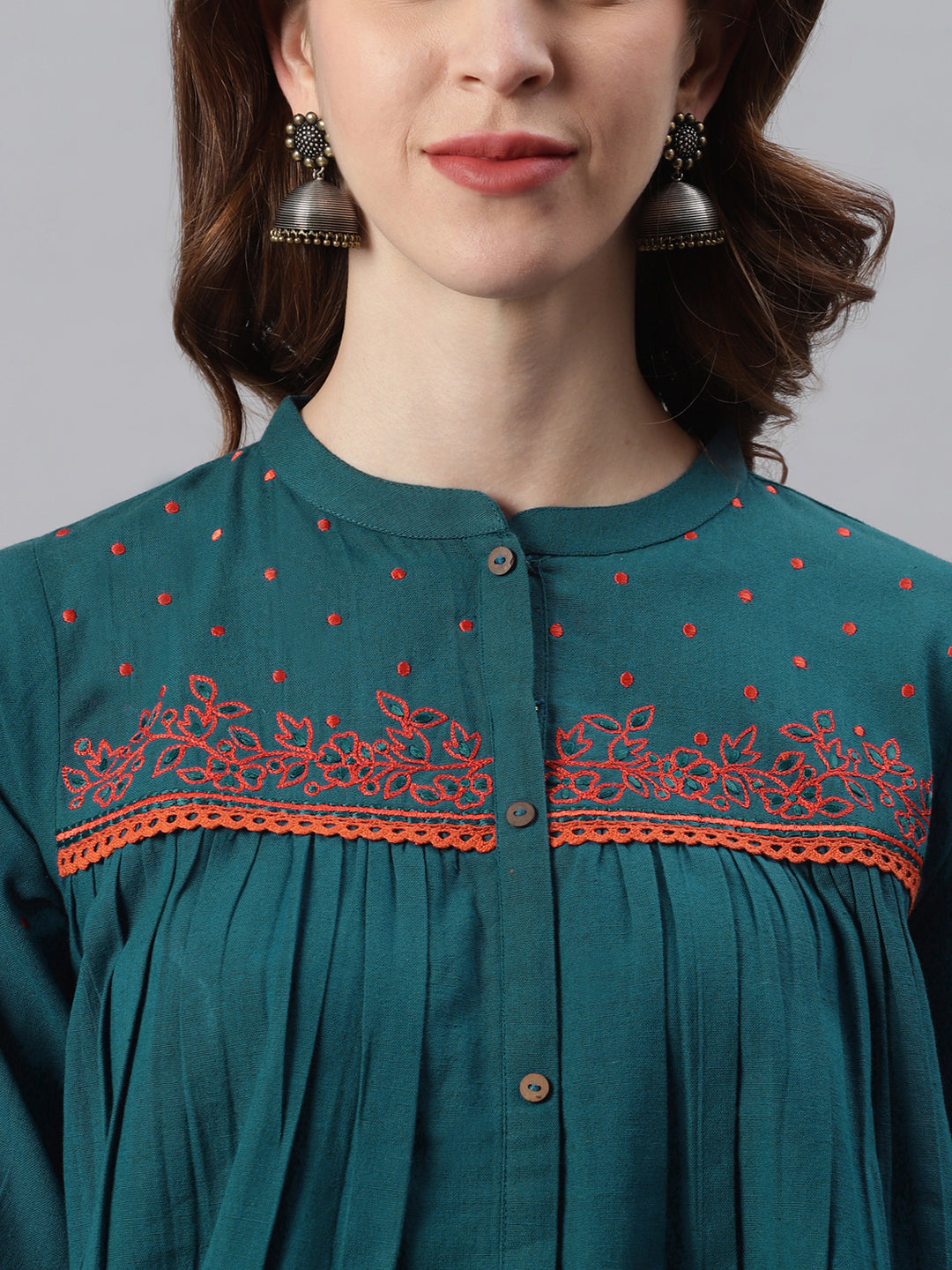 Janasya Women's Teal Cotton Flex Embroidered Regular Top - Distacart