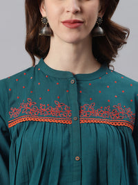 Thumbnail for Janasya Women's Teal Cotton Flex Embroidered Regular Top - Distacart