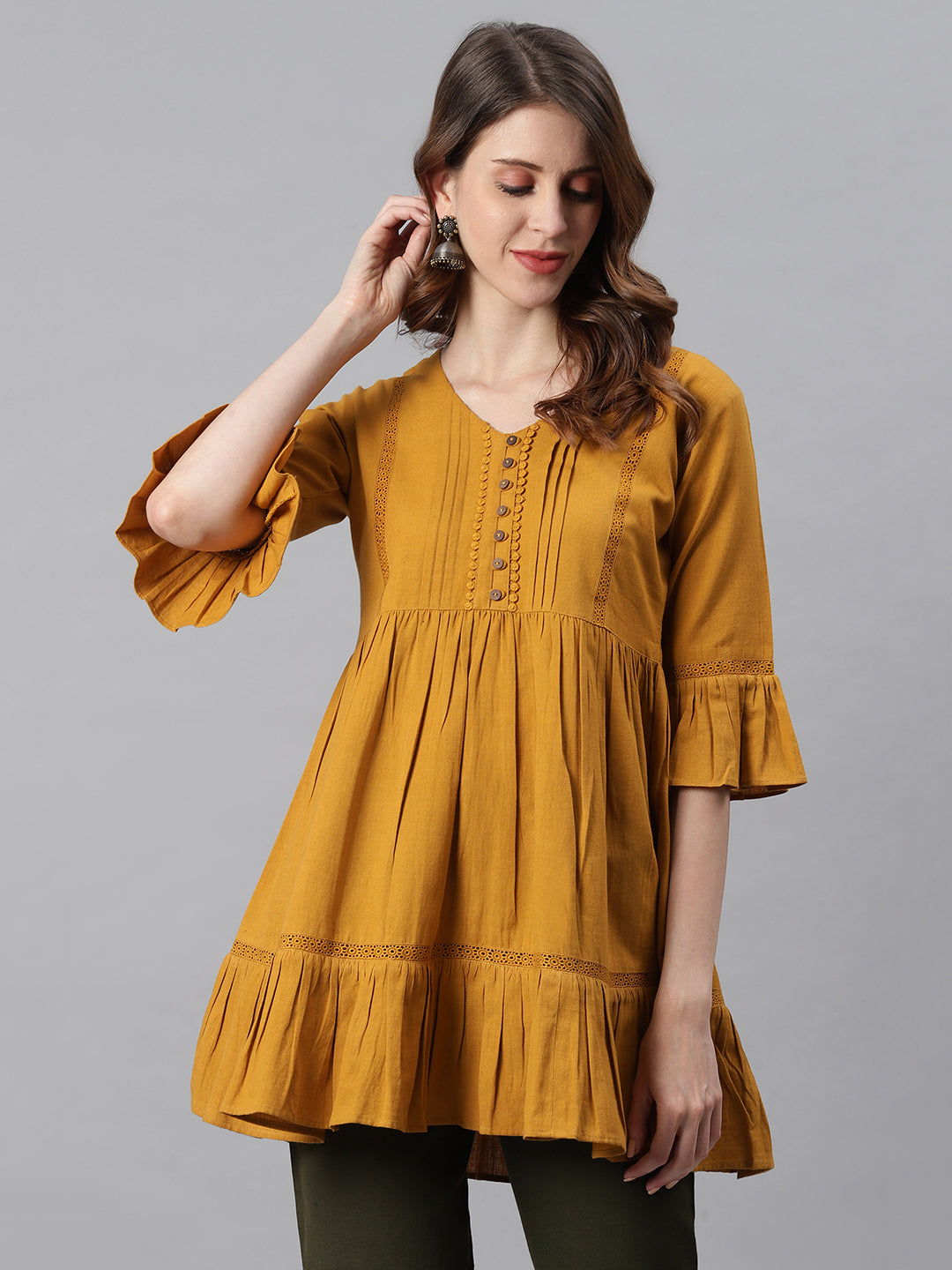 Janasya Women's Mustard Cotton Flex Embellished Gathered Tunic - Distacart