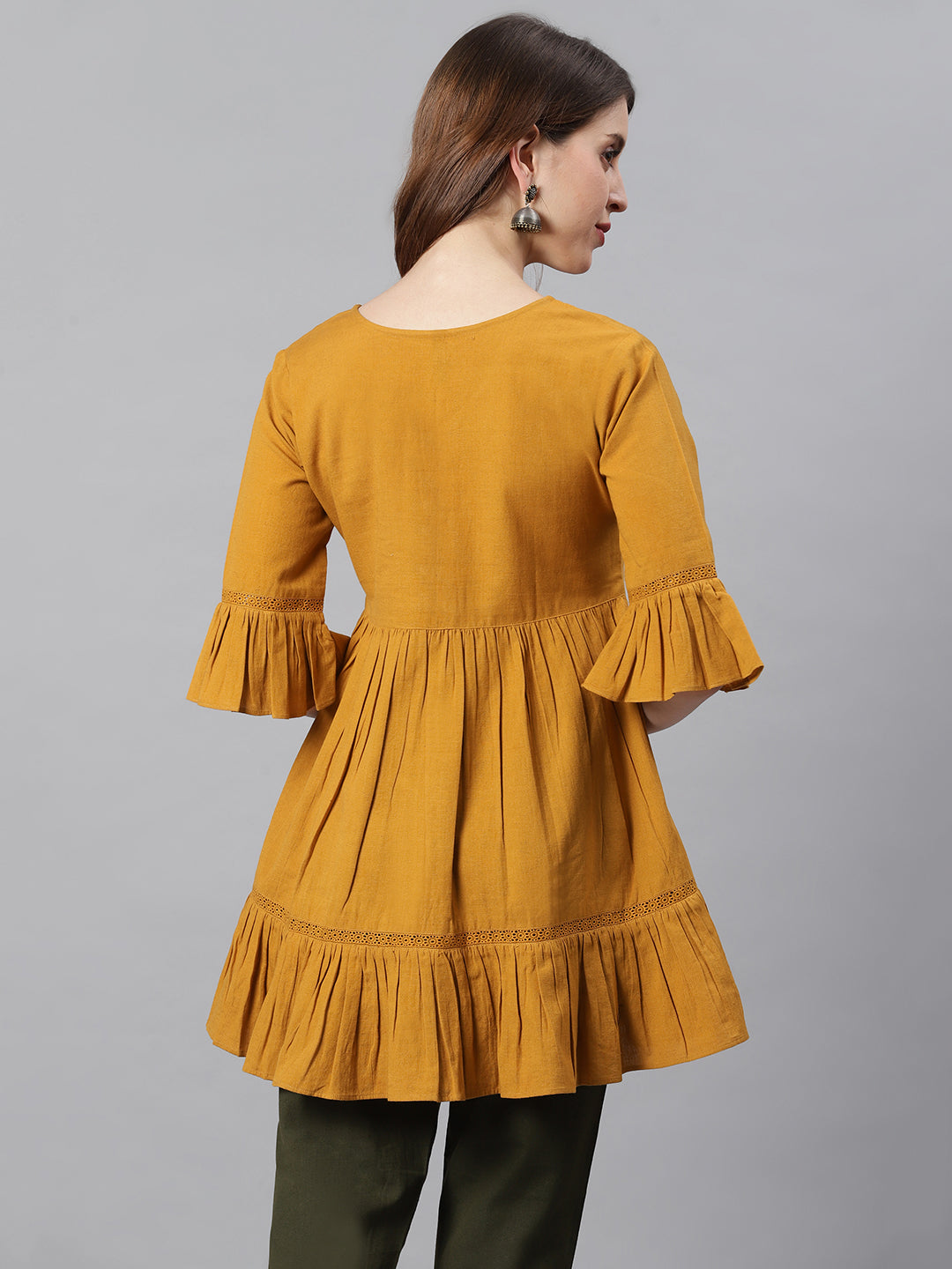 Janasya Women's Mustard Cotton Flex Embellished Gathered Tunic - Distacart