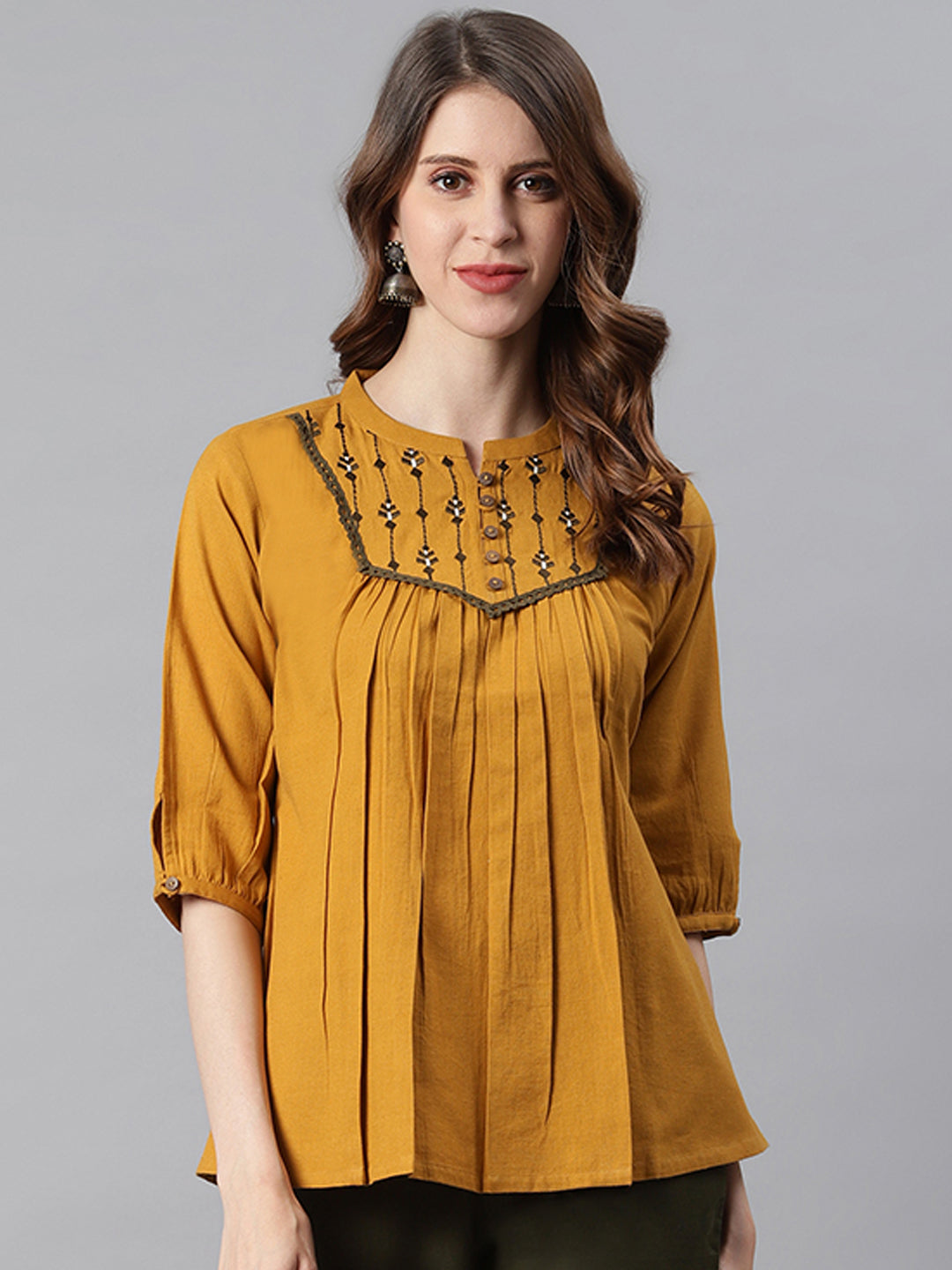 Janasya Women's Mustard Cotton Flex Embroidered A-Line Top - Distacart