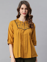 Thumbnail for Janasya Women's Mustard Cotton Flex Embroidered A-Line Top - Distacart