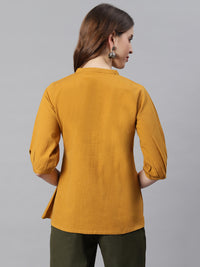 Thumbnail for Janasya Women's Mustard Cotton Flex Embroidered A-Line Top - Distacart