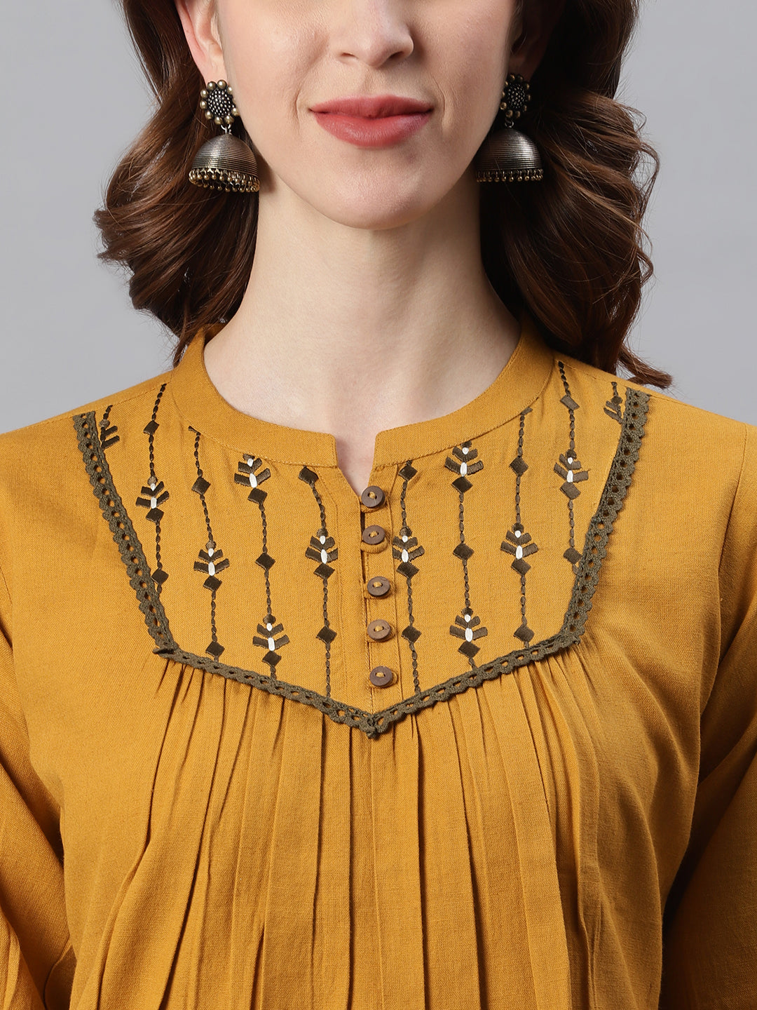 Janasya Women's Mustard Cotton Flex Embroidered A-Line Top - Distacart