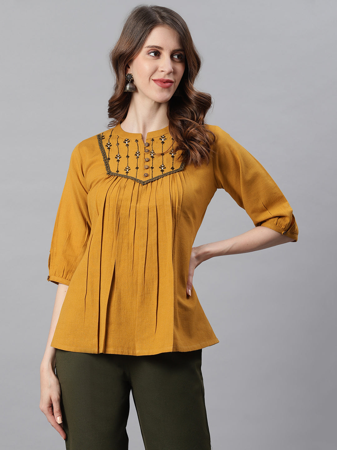 Janasya Women's Mustard Cotton Flex Embroidered A-Line Top - Distacart