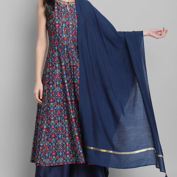 Janasya Women's Blue Poly Muslin Embroidered Kurta With Palazzo And Dupatta - Distacart