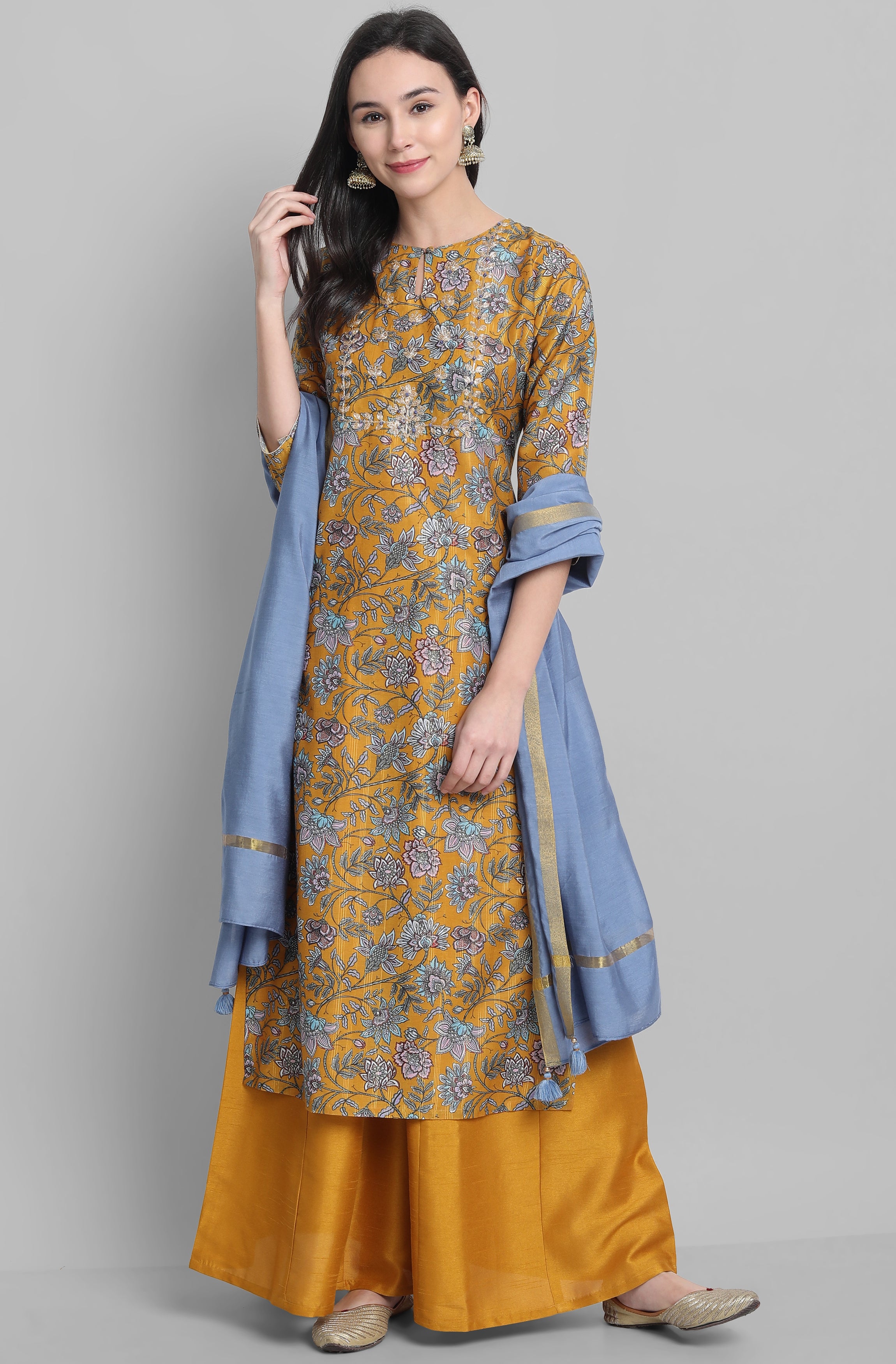 Janasya Women's Mustard Poly Muslin Embroidered Kurta With Palazzo And Dupatta - Distacart